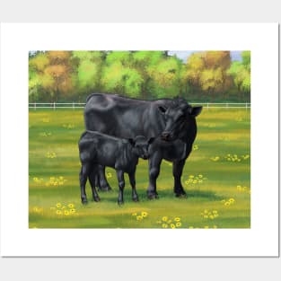 Black Angus Cow and Cute Calf in Summber Pasture Posters and Art